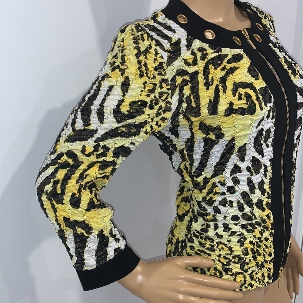 JOSEPH RIBKOFF Yellow tiger Animal Print Zip Up Dressy Sequin Jacket size 8 - Picture 5 of 15